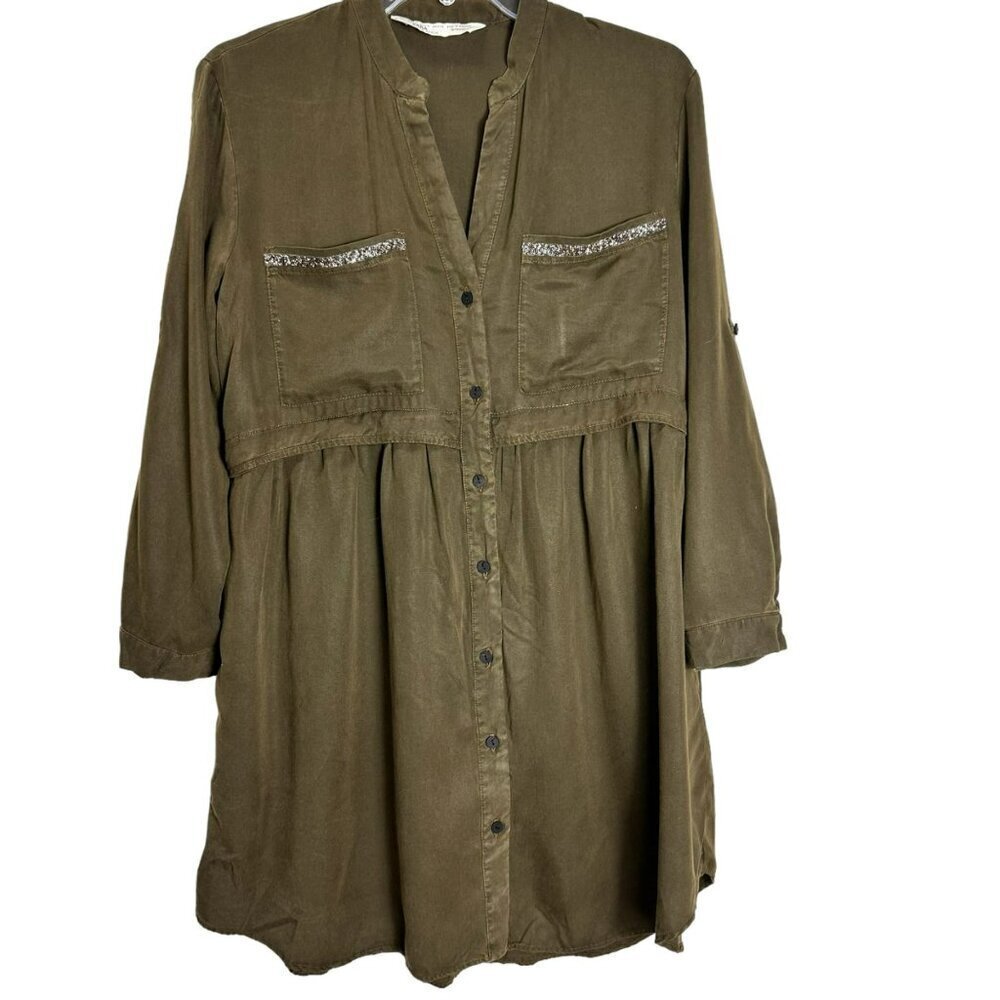 Zara Olive Green Beaded Shirt Dress Long Sleeve Utility‎ Chic Size S